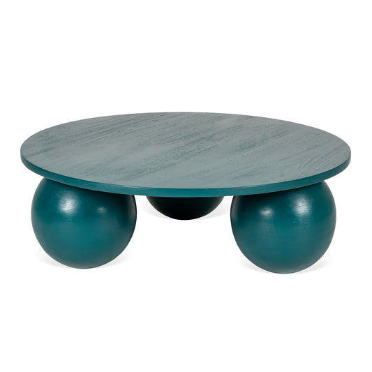 Ala Coffee Table in green stained mango wood, a modern round center table design ideal for living room decor and stylish coffee table designs.