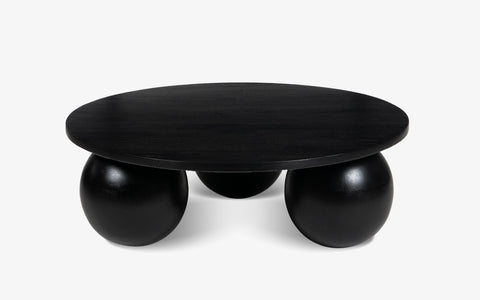 Modern Ala Noir Coffee Table with Black Mango Wood and Spherical Bases.