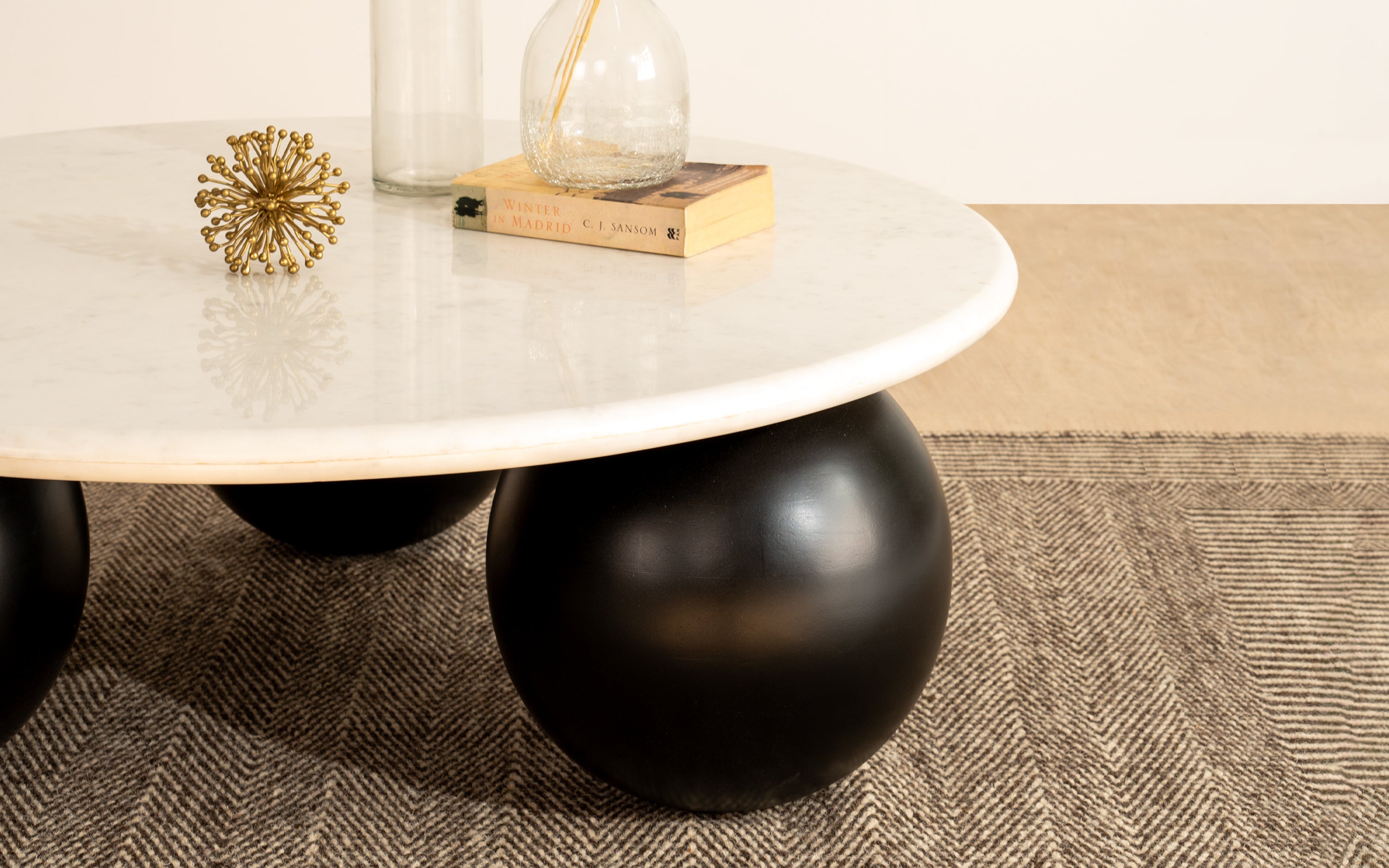 Ala Marble Top Coffee Table - Solid Wood Base with Black Finish - Close shot - Orange Tree