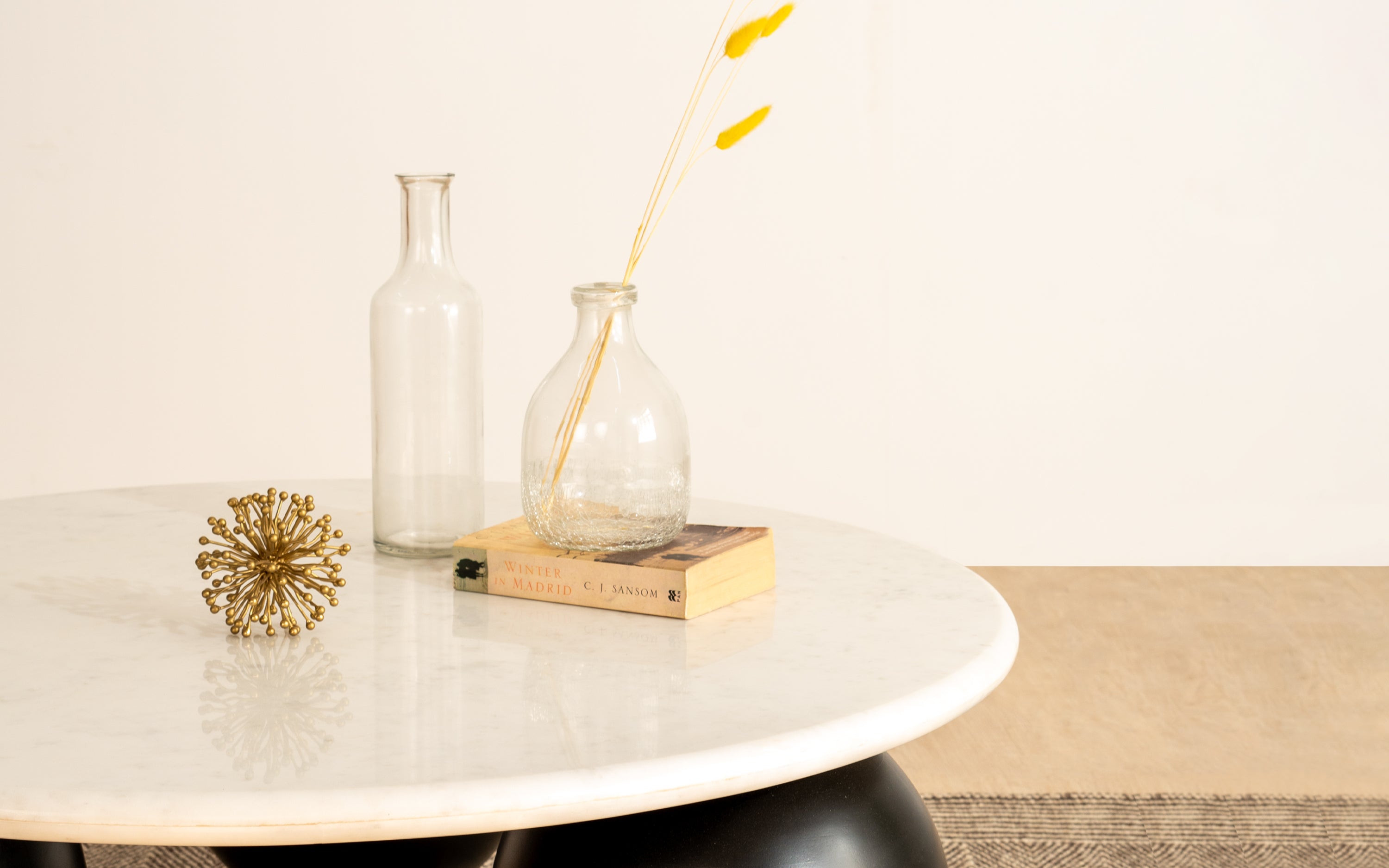 Ala Marble Top Coffee Table - Solid Wood Base with Black Finish - Close shot - from right angle - Orange Tree