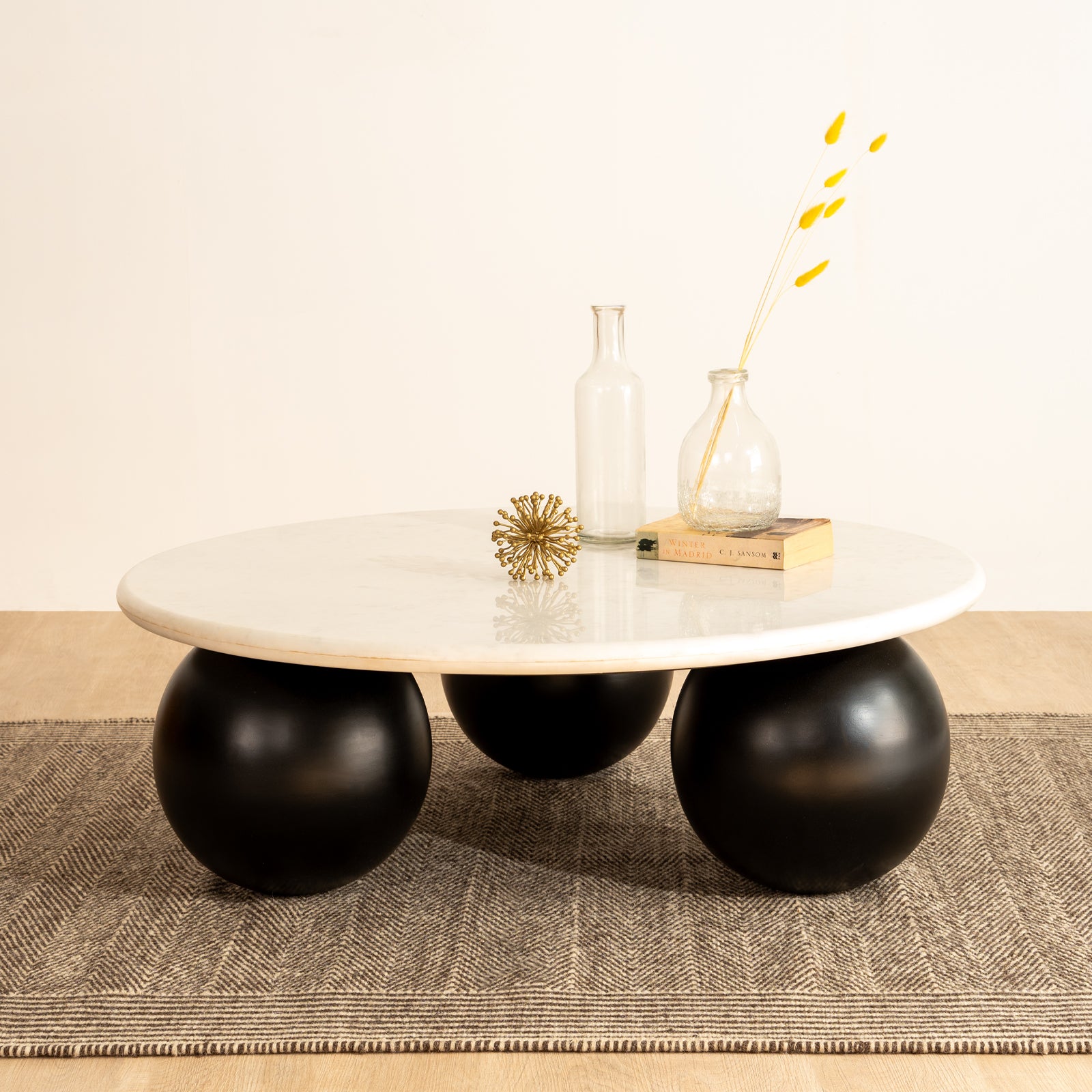 Ala Marble Coffee Table with marble top and black mango wood base, ideal as a modern center table or tea table for living room decor.