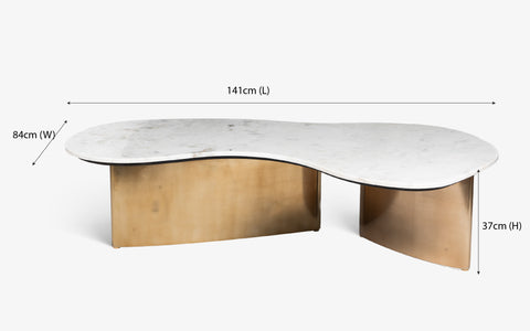 Berg Pearl coffee table with Banswara marble top and brushed brass satin finish legs, ideal marble coffee table for modern living rooms.