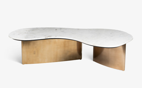 Berg Pearl coffee table with Banswara marble top and brushed brass satin finish legs, ideal marble coffee table for modern living rooms.