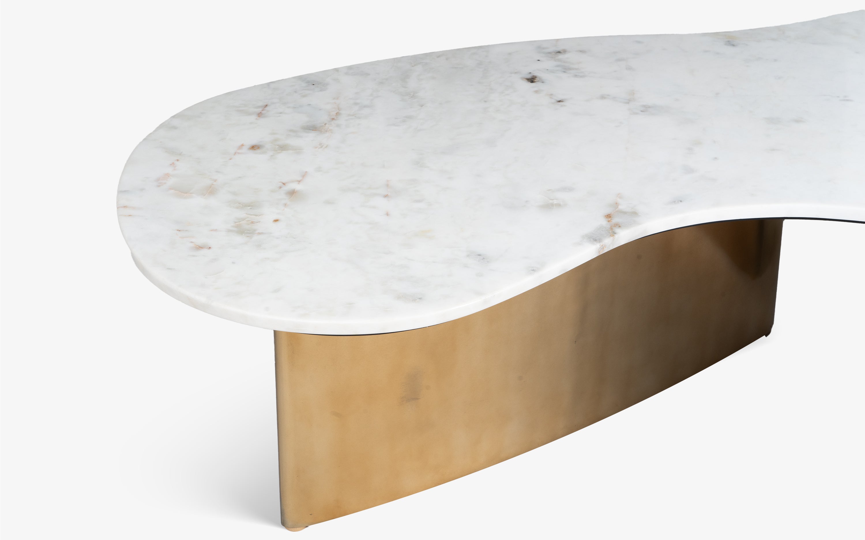 Berg Pearl coffee table with Banswara marble top and brushed brass satin finish legs, ideal marble coffee table for modern living rooms.