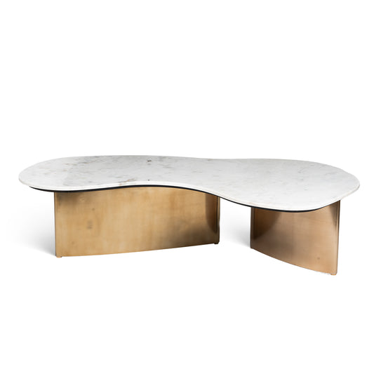 Berg Pearl coffee table with Banswara marble top and brushed brass satin finish legs, ideal marble coffee table for modern living rooms.