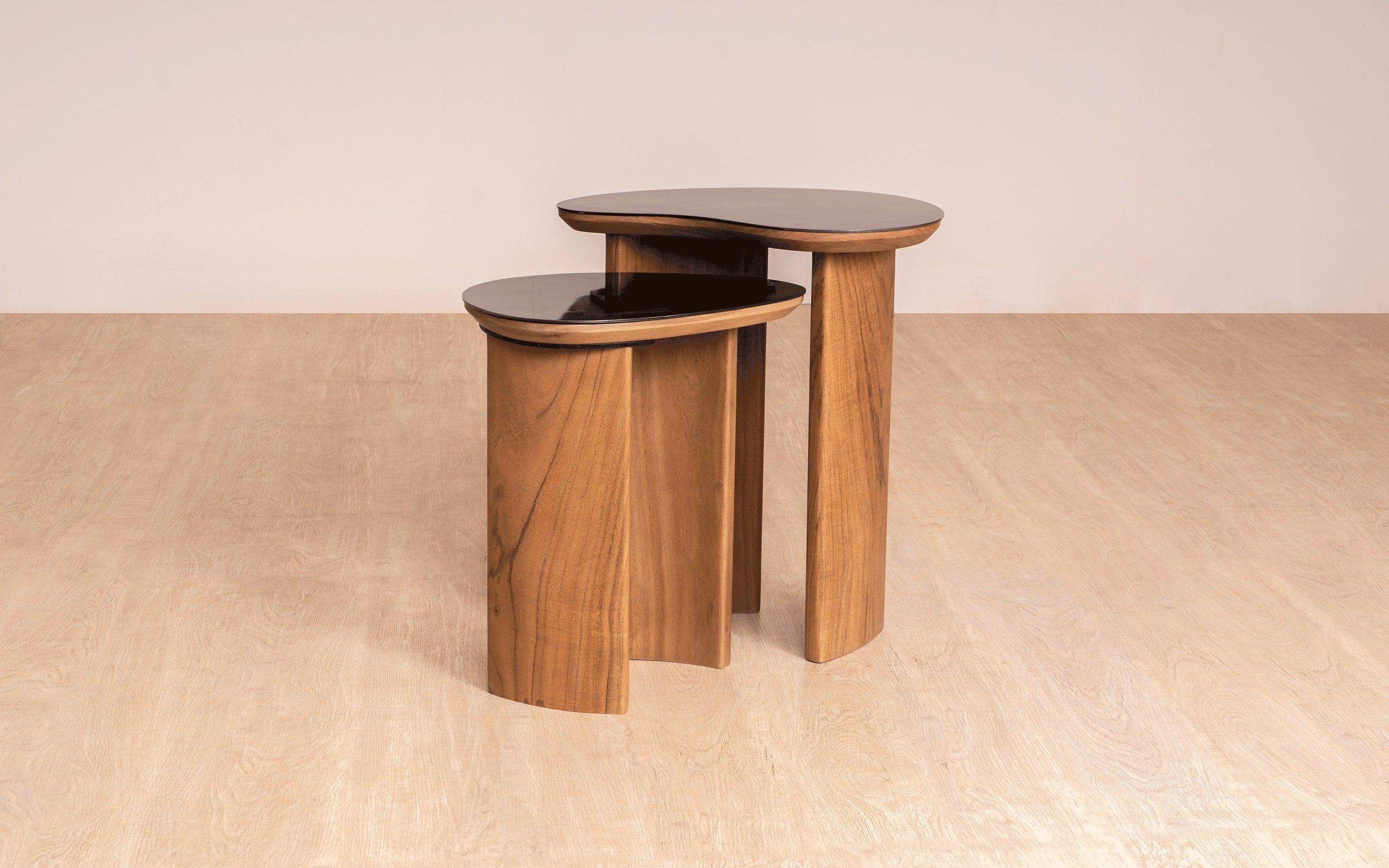 Brio Side Table Set with walnut and stainless steel finish, featuring organic bean-inspired tops and gently curved wooden legs. A modern luxury side table.