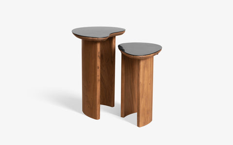 Brio Side Table Set with walnut and stainless steel finish, featuring organic bean-inspired tops and gently curved wooden legs. A modern luxury side table.