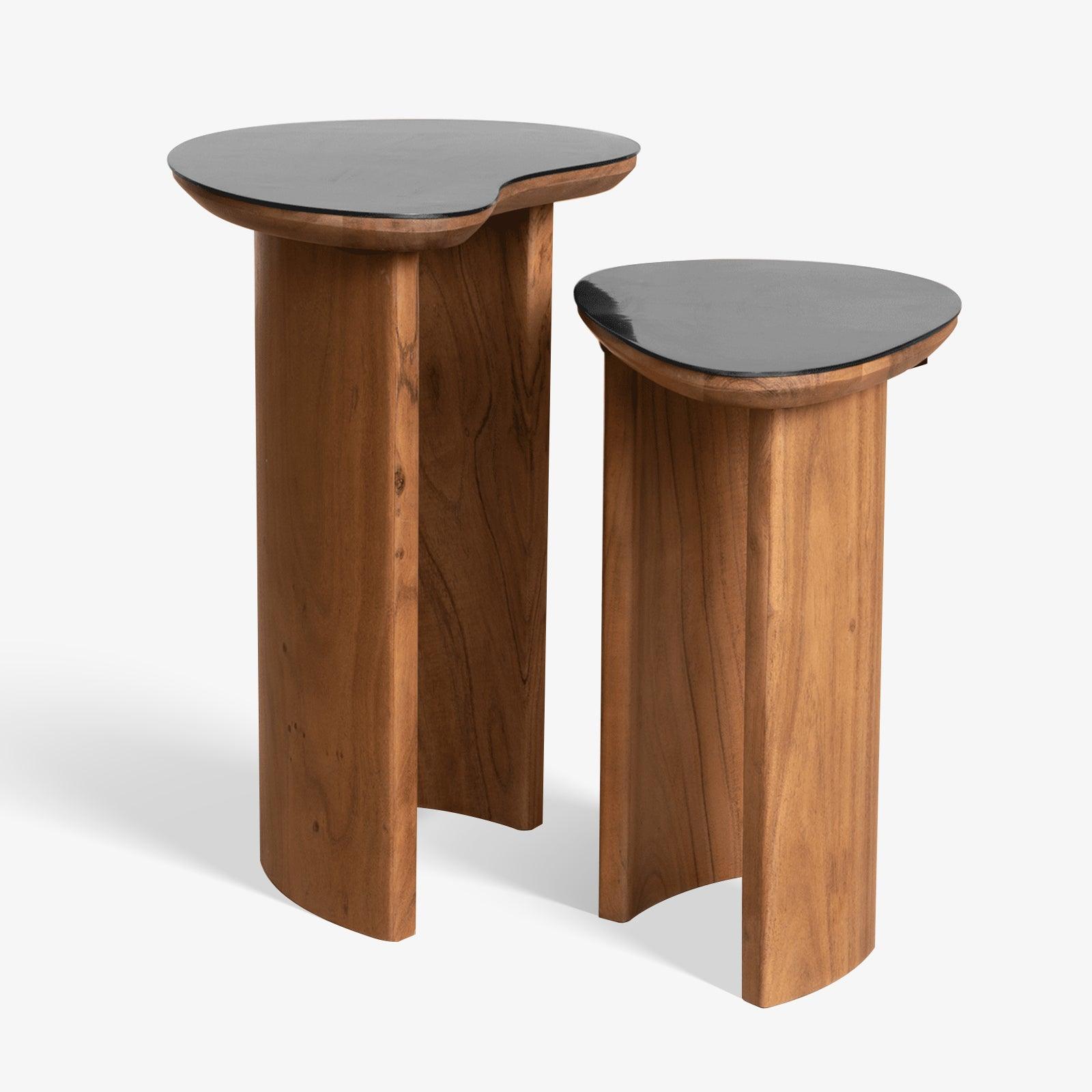 Brio Side Table Set with walnut and stainless steel finish, featuring organic bean-inspired tops and gently curved wooden legs. A modern luxury side table.