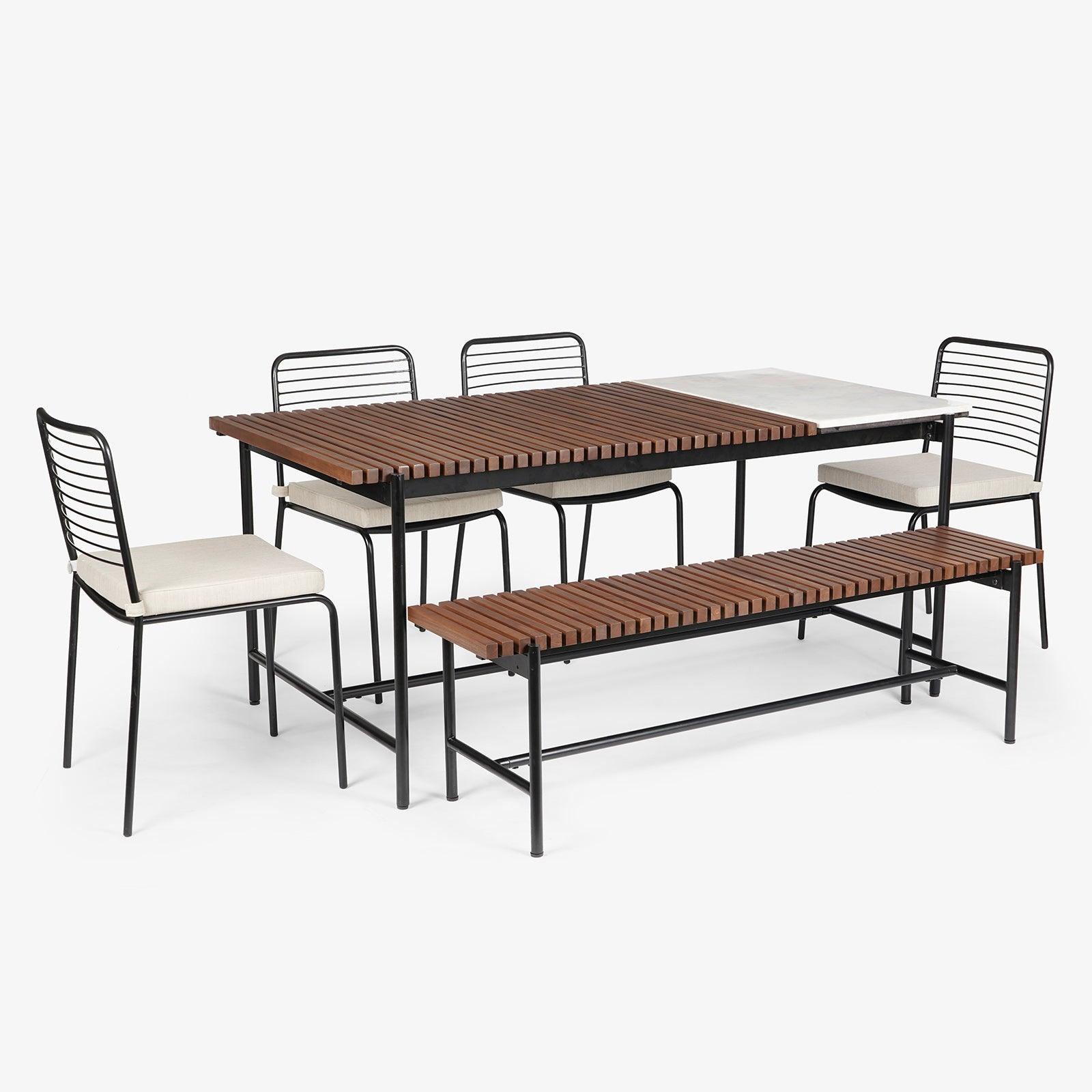 Covent Garden Outdoor Marble Top Dining Table With 4 Chairs and Bench. Orange Tree Home