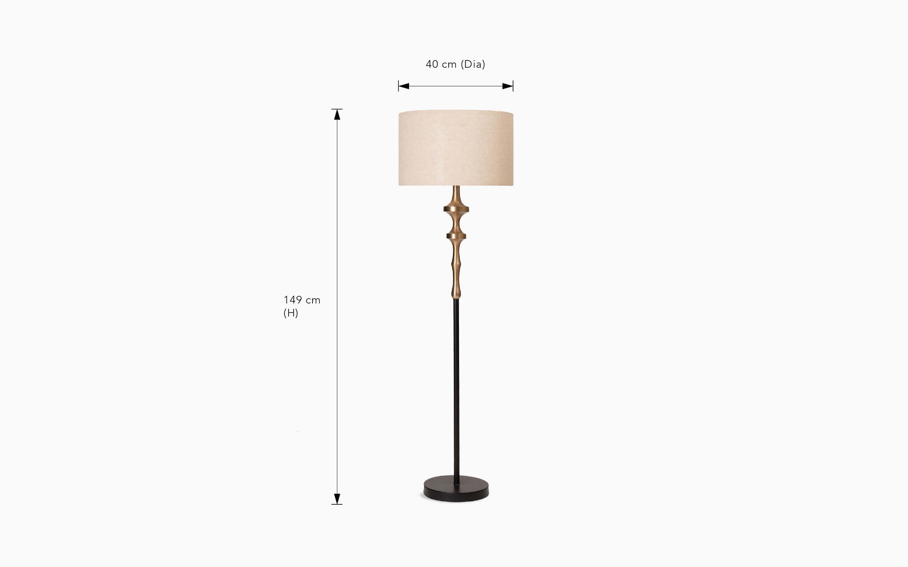 David Floor Lamp with gold plated lamp base, black finish, and natural linen shade. Elegant floor lamp for modern interiors.