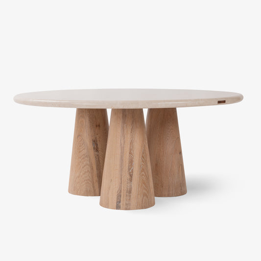 Hump coffee table with round Carara marble top and oak wood base with light white cerused finish. Ideal as a modern center table for living rooms.