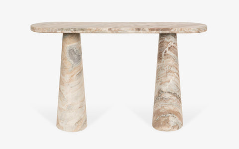 Hump Console Table made from Toronto Marble with a natural finish, featuring a pill-shaped top and tapering conical legs. Luxury marble top console table.