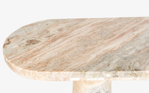 Hump Console Table made from Toronto Marble with a natural finish, featuring a pill-shaped top and tapering conical legs. Luxury marble top console table.