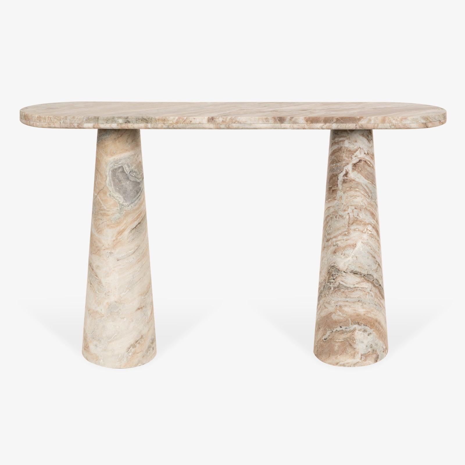 Hump Console Table made from Toronto Marble with a natural finish, featuring a pill-shaped top and tapering conical legs. Luxury marble top console table.