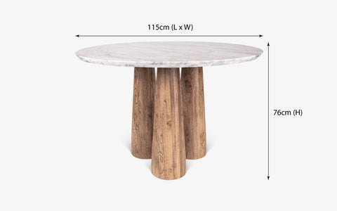 Hump Round Dining Table with Carrara Marble Top and Oak Wood Legs in light brown cerused finish. Luxury marble top dining table for elegant dining rooms.