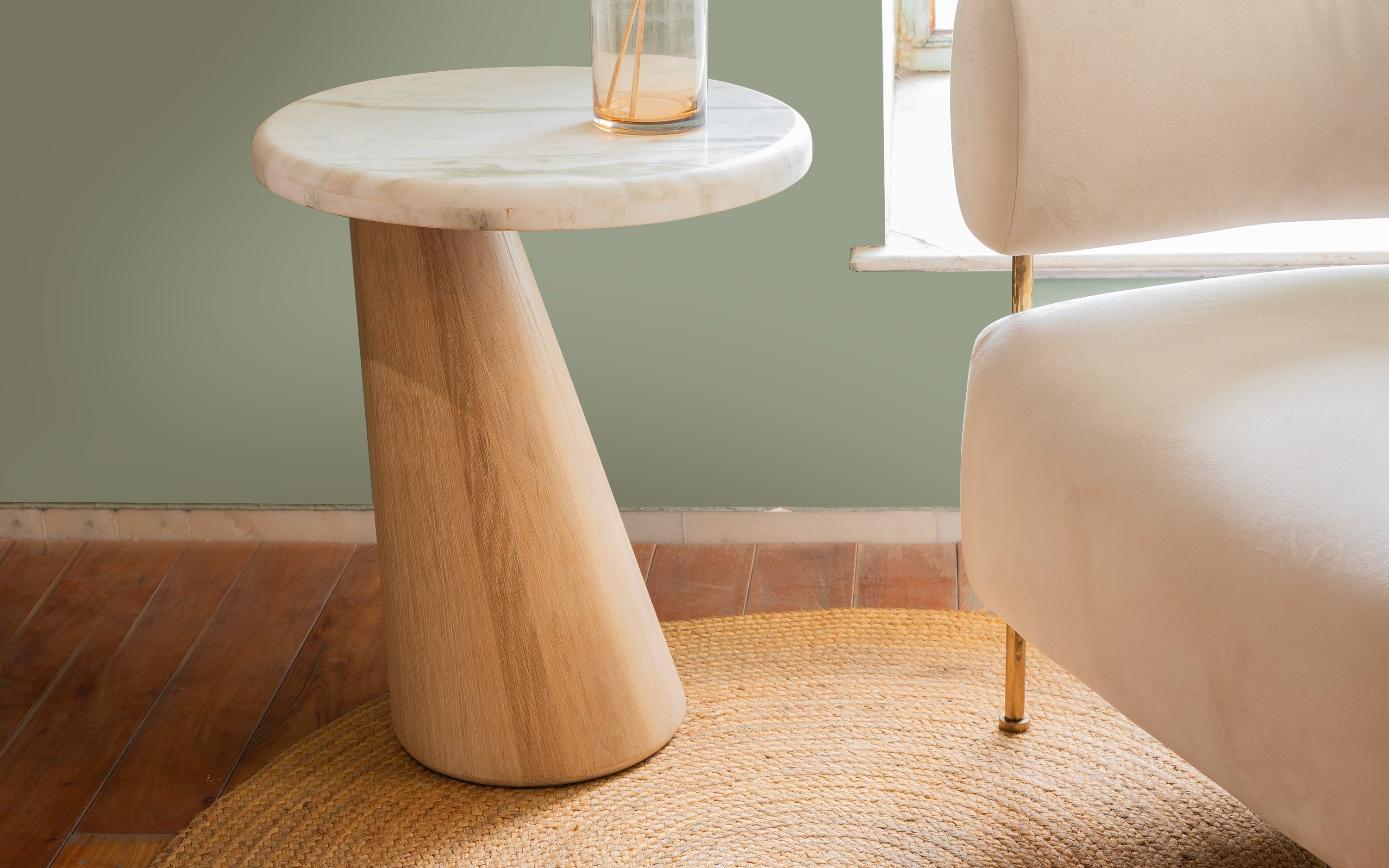 Hump Side Table made of Oak Wood with Green Marble top and Light Brown Cerused finish - modern wooden side table design.