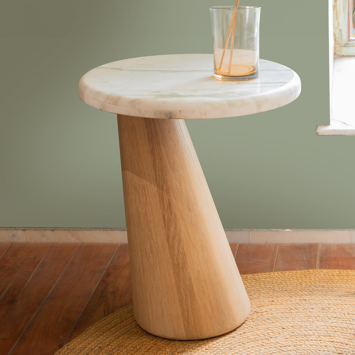 Hump Side Table made of Oak Wood with Green Marble top and Light Brown Cerused finish - modern wooden side table design.