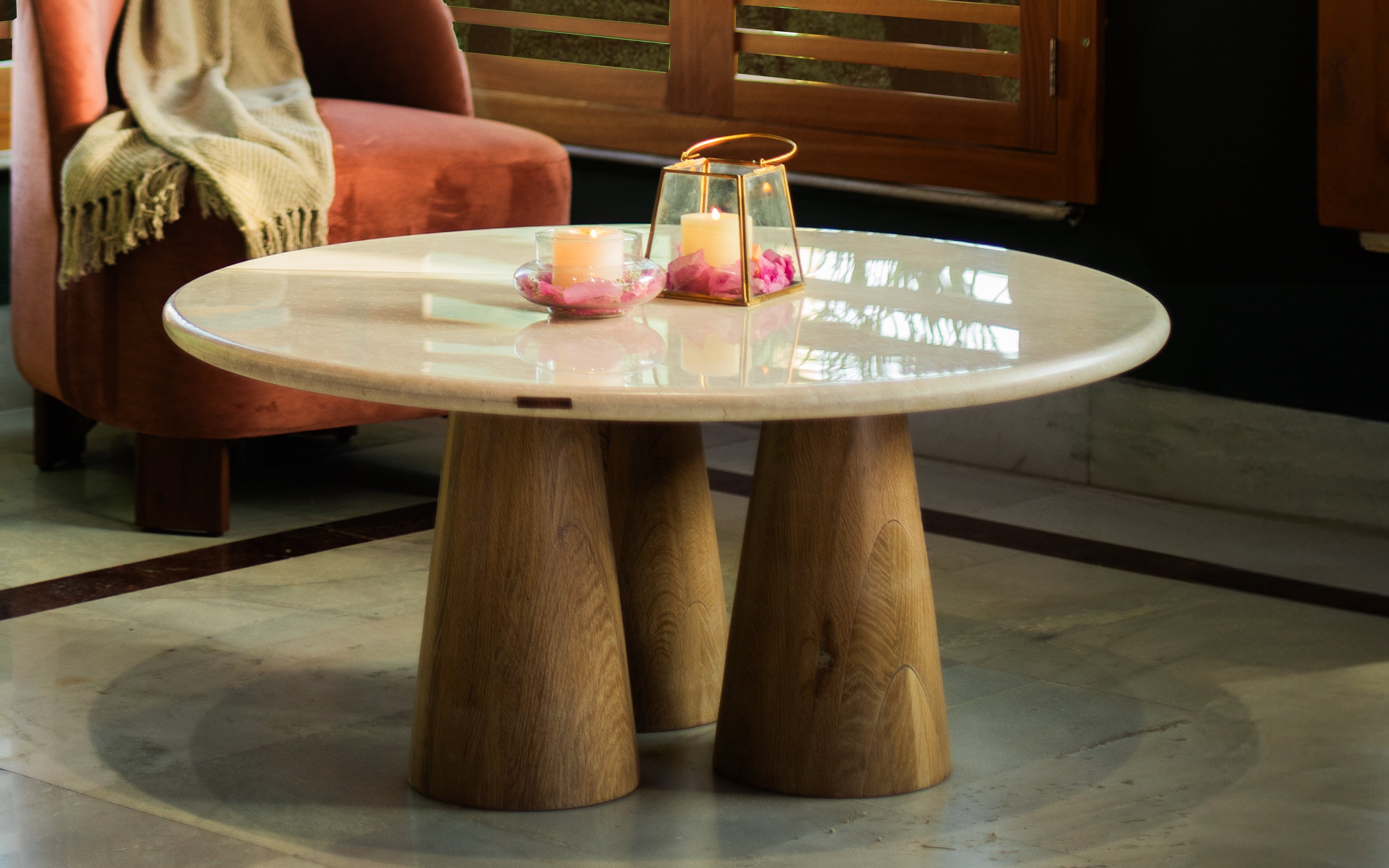 Hump Marble Top Coffee Table with Oak Wood Base - Orange Tree