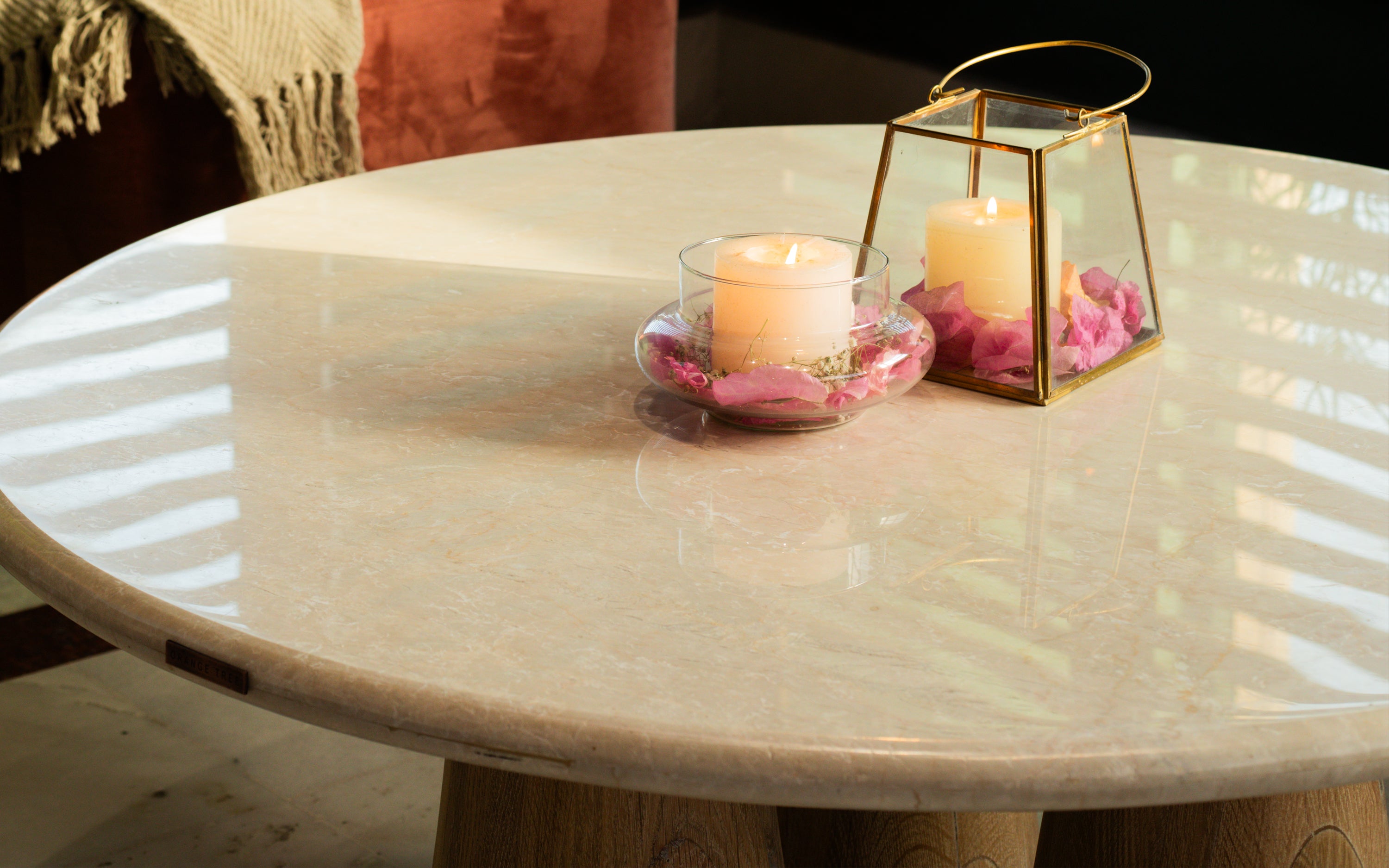 Hump Marble Top Coffee Table with Oak Wood Base - Close shot - Orange Tree