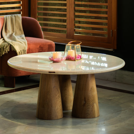 Hump coffee table with round Carara marble top and oak wood base with light white cerused finish. Ideal as a modern center table for living rooms.