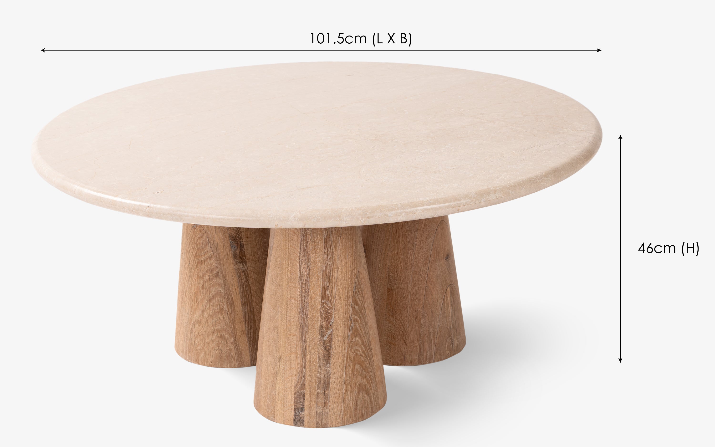 Hump coffee table with round Carara marble top and oak wood base with light white cerused finish. Ideal as a modern center table for living rooms.