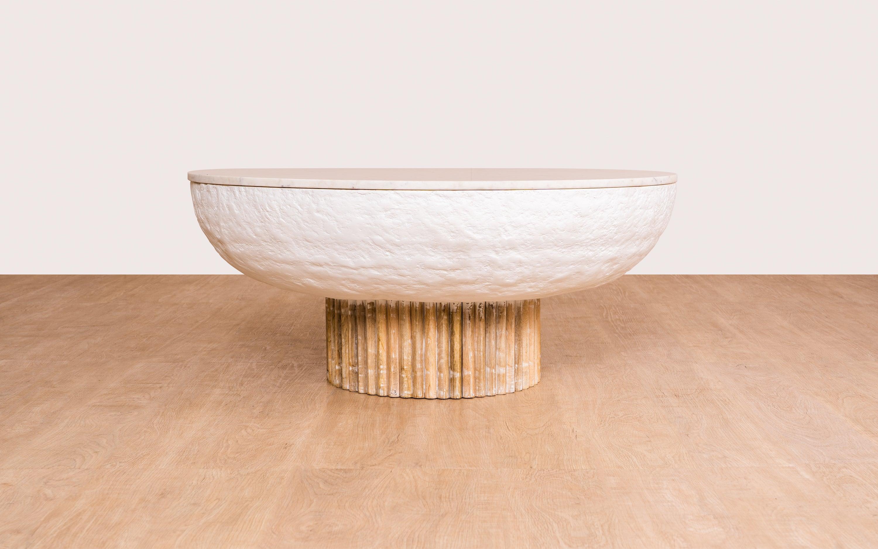 Kaba Coffee Table with Banswara marble top, whitewashed wood, and textured POP finish. A unique coffee table design perfect for modern living spaces.