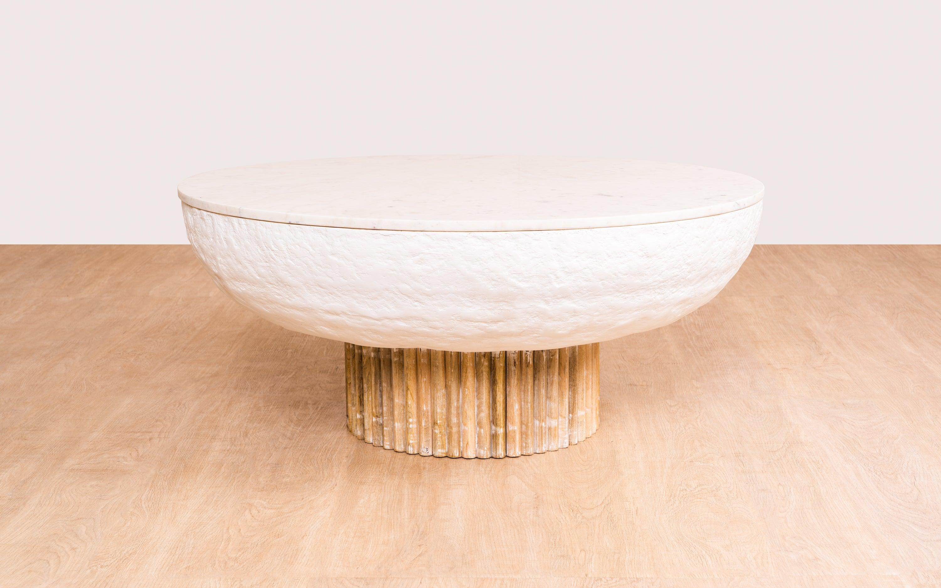 Kaba Coffee Table with Banswara marble top, whitewashed wood, and textured POP finish. A unique coffee table design perfect for modern living spaces.