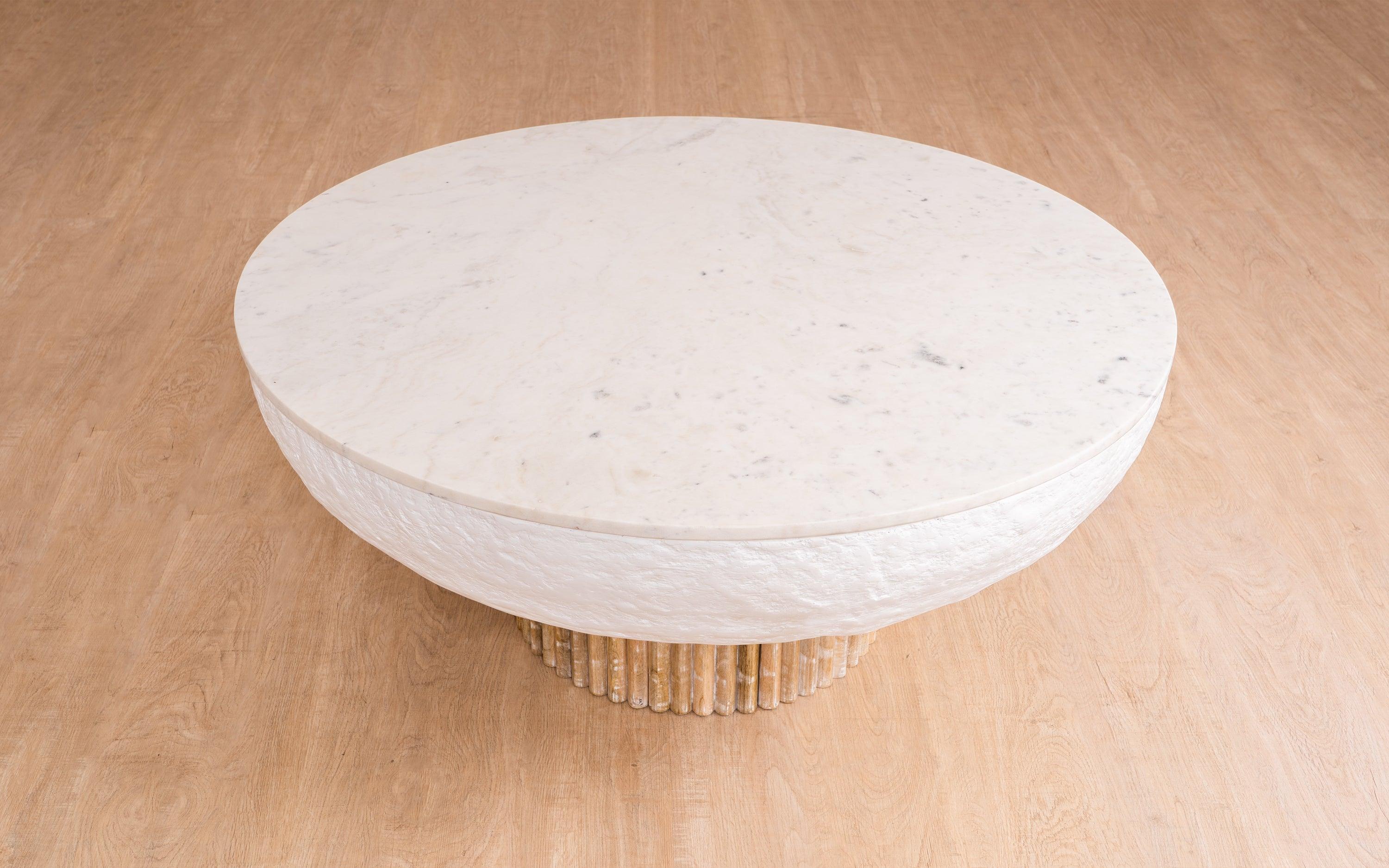 Kaba Coffee Table with Banswara marble top, whitewashed wood, and textured POP finish. A unique coffee table design perfect for modern living spaces.