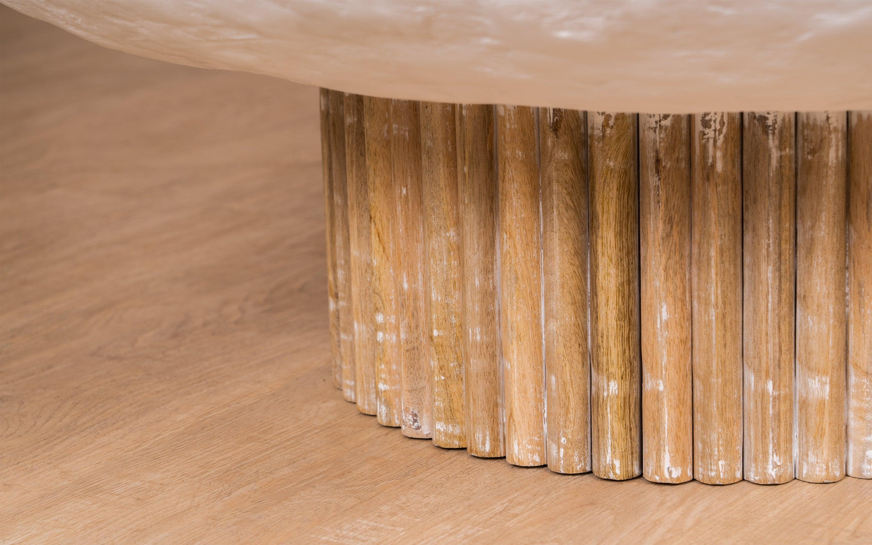 Kaba Coffee Table with Banswara marble top, whitewashed wood, and textured POP finish. A unique coffee table design perfect for modern living spaces.