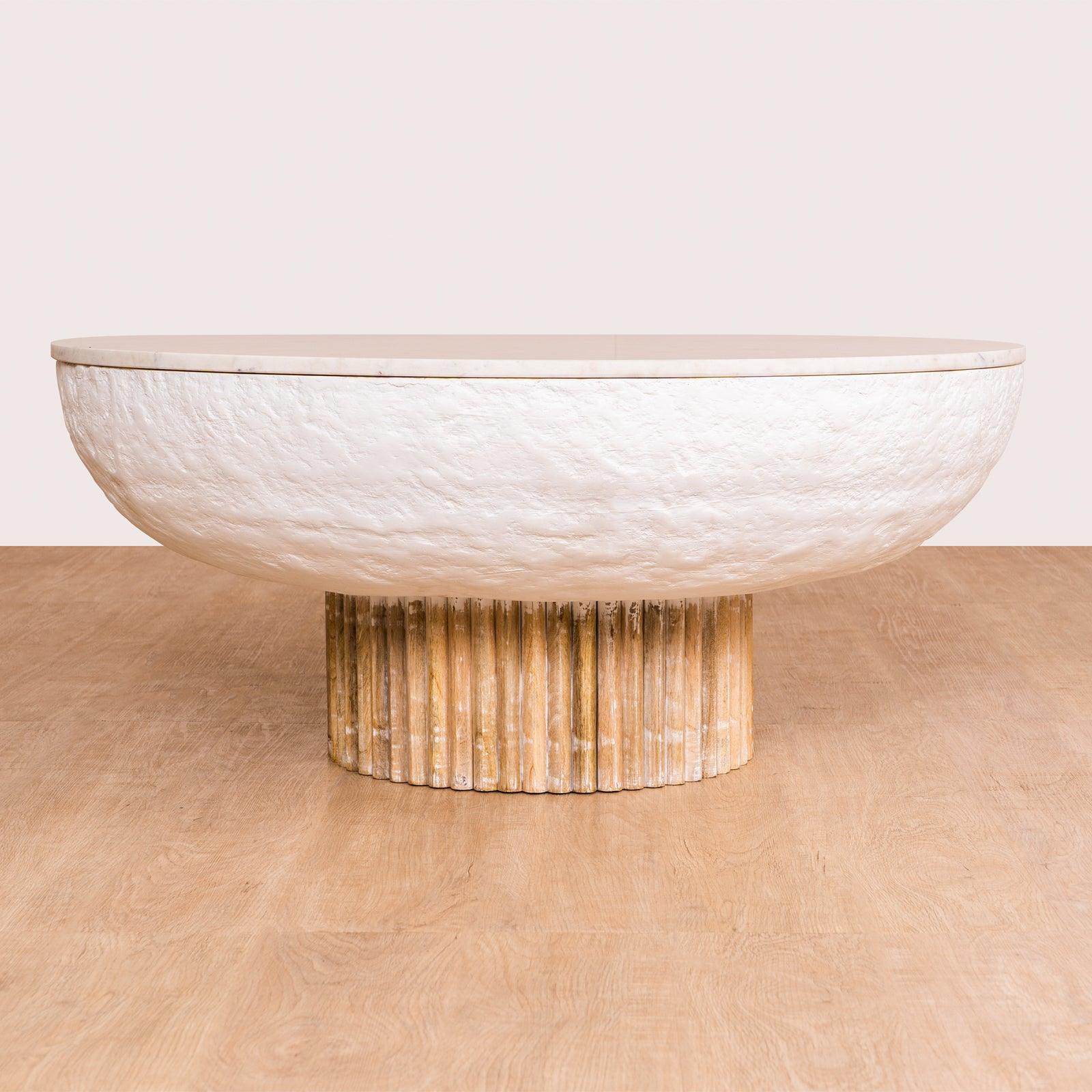 Kaba Coffee Table with Banswara marble top, whitewashed wood, and textured POP finish. A unique coffee table design perfect for modern living spaces.