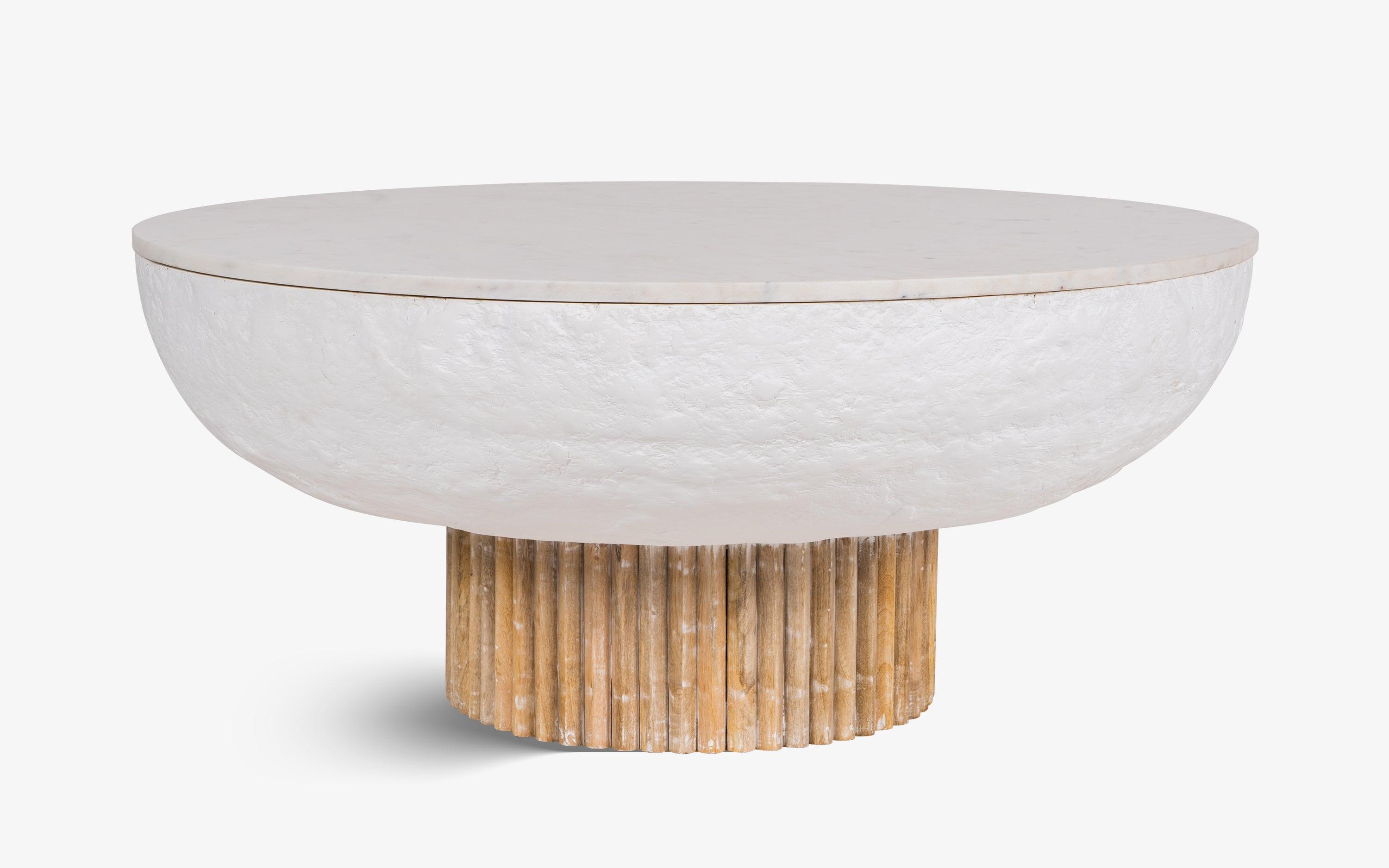 Kaba Coffee Table with Banswara marble top, whitewashed wood, and textured POP finish. A unique coffee table design perfect for modern living spaces.