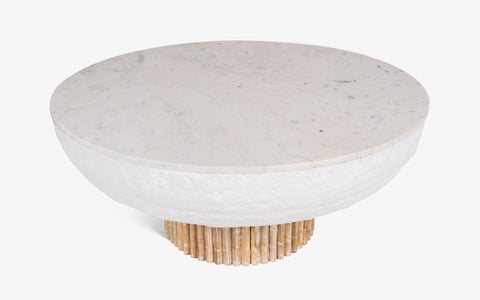 Kaba Coffee Table with Banswara marble top, whitewashed wood, and textured POP finish. A unique coffee table design perfect for modern living spaces.