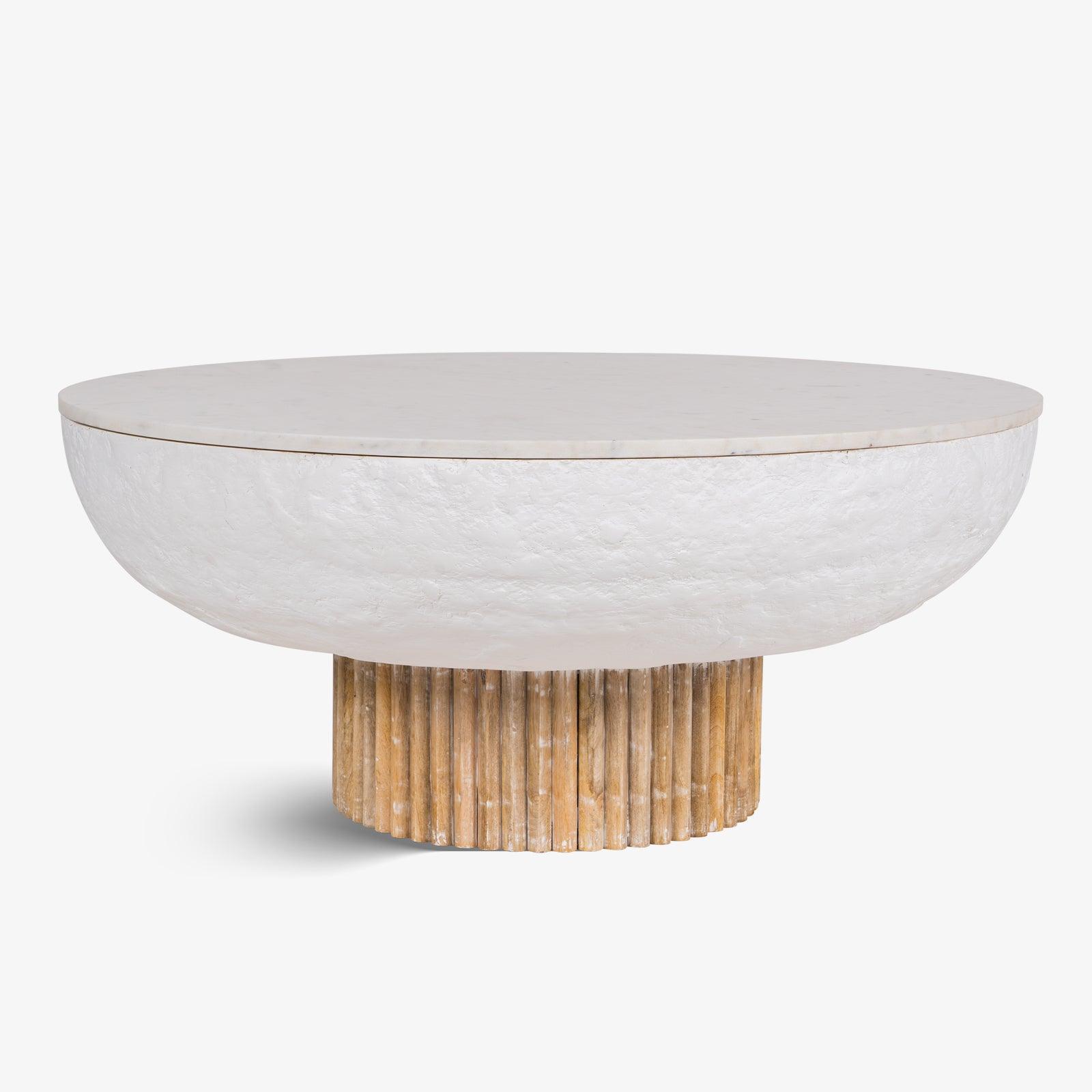 Kaba Coffee Table with Banswara marble top, whitewashed wood, and textured POP finish. A unique coffee table design perfect for modern living spaces.