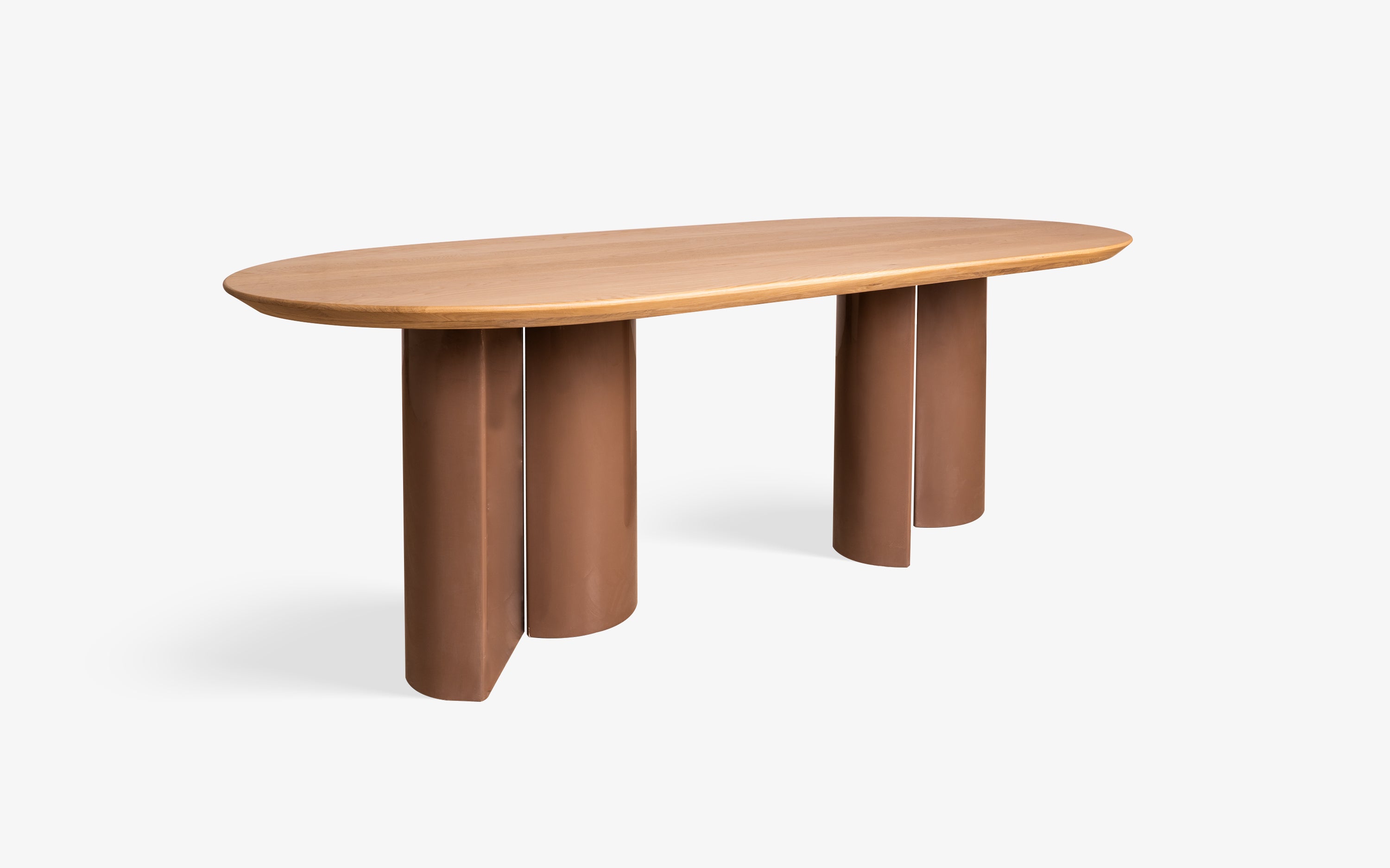 Kaba Pill Shape 6 Seater Dining Table in Oak Wood with Natural Finish Top and Pale Brown Glossy Legs - Modern Wooden Dining Table Design.