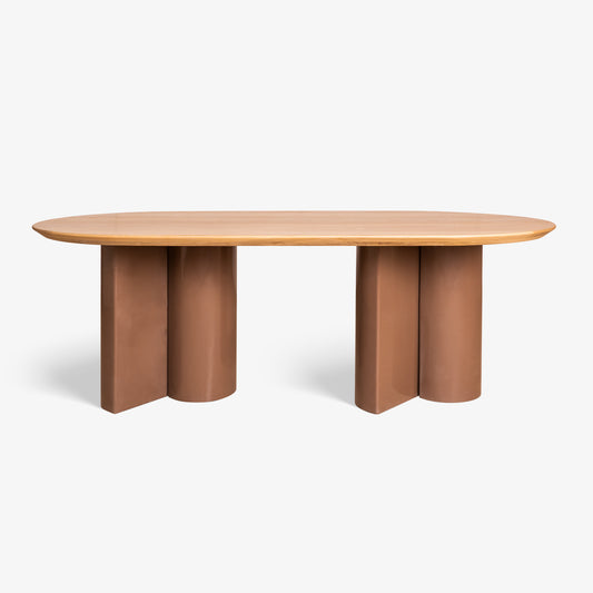 Kaba Pill Shape 6 Seater Dining Table in Oak Wood with Natural Finish Top and Pale Brown Glossy Legs - Modern Wooden Dining Table Design.