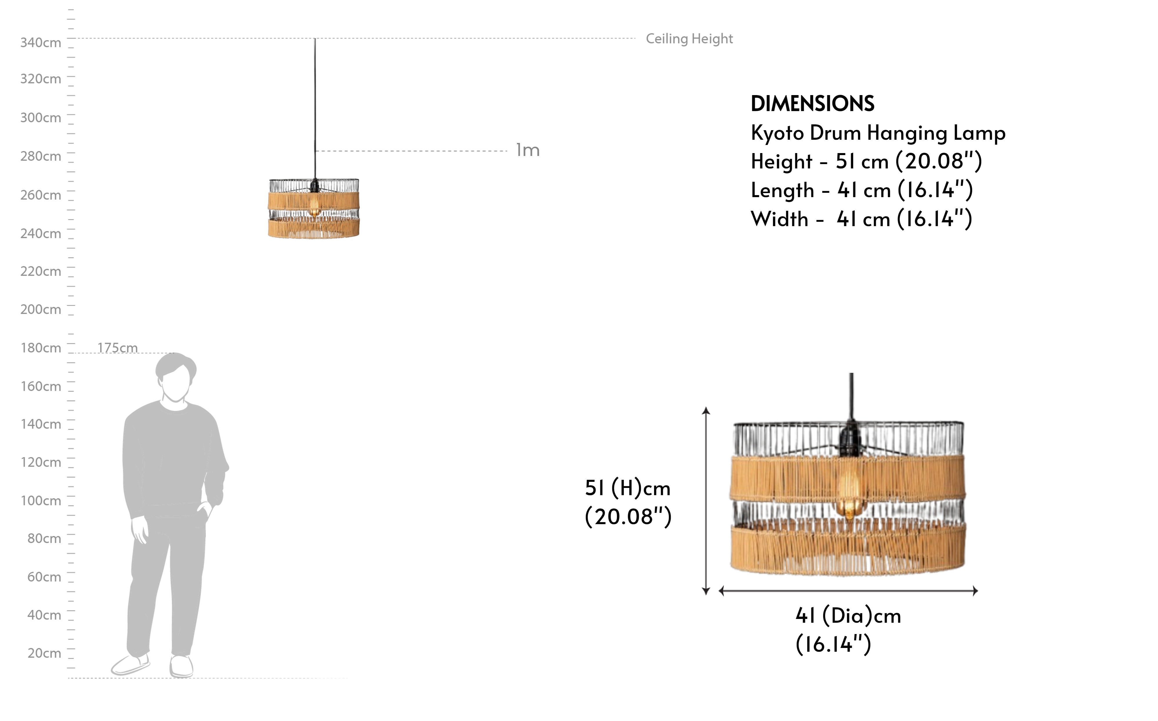 Buy Kyoto Drum Cane Pendant Light | Filament Bulb - Close shot - from right angle - Orange Tree