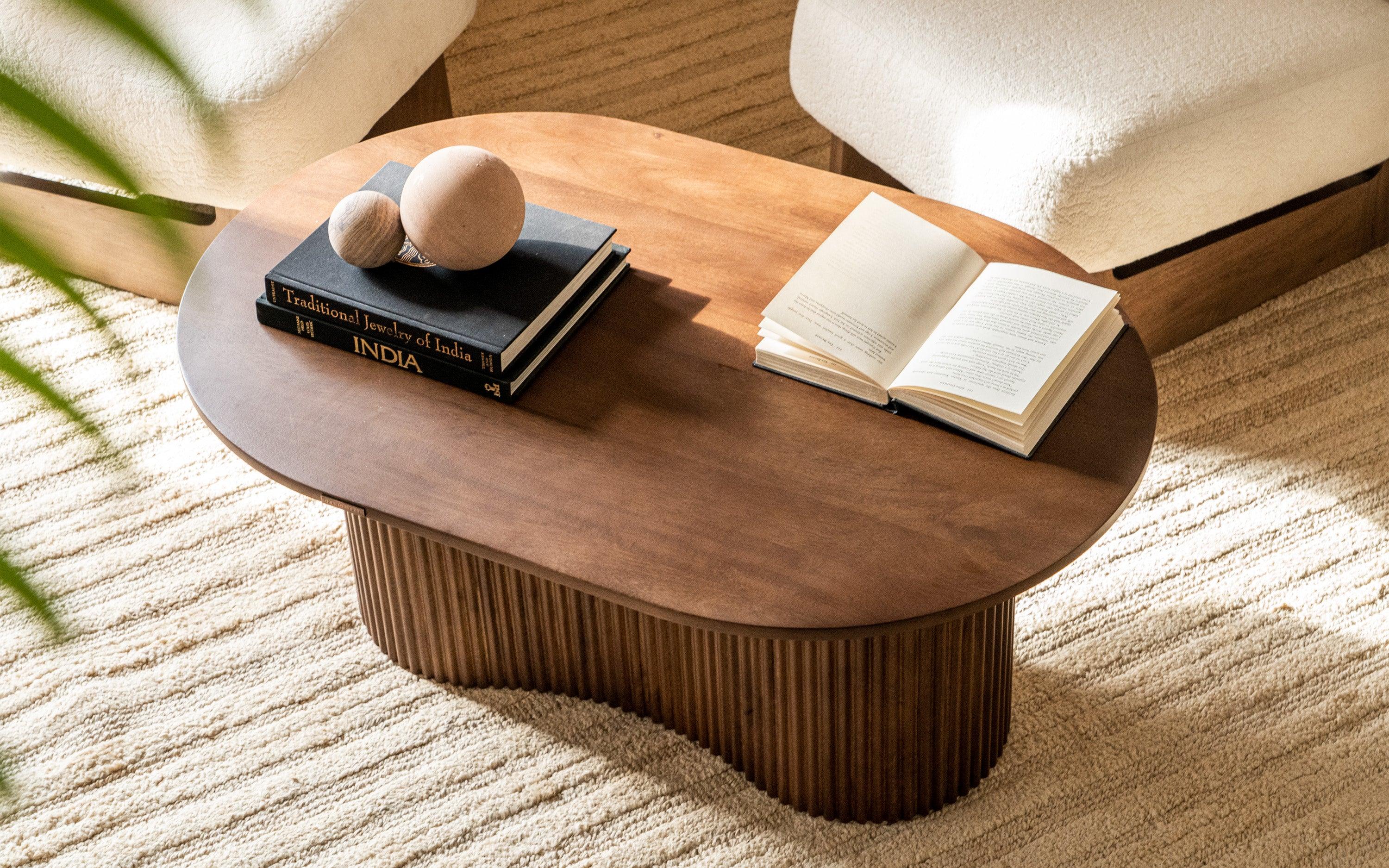 Linn Coffee Table with ribbed design, crafted from Mango Wood with a light walnut finish. A modern and stylish coffee table for living rooms.