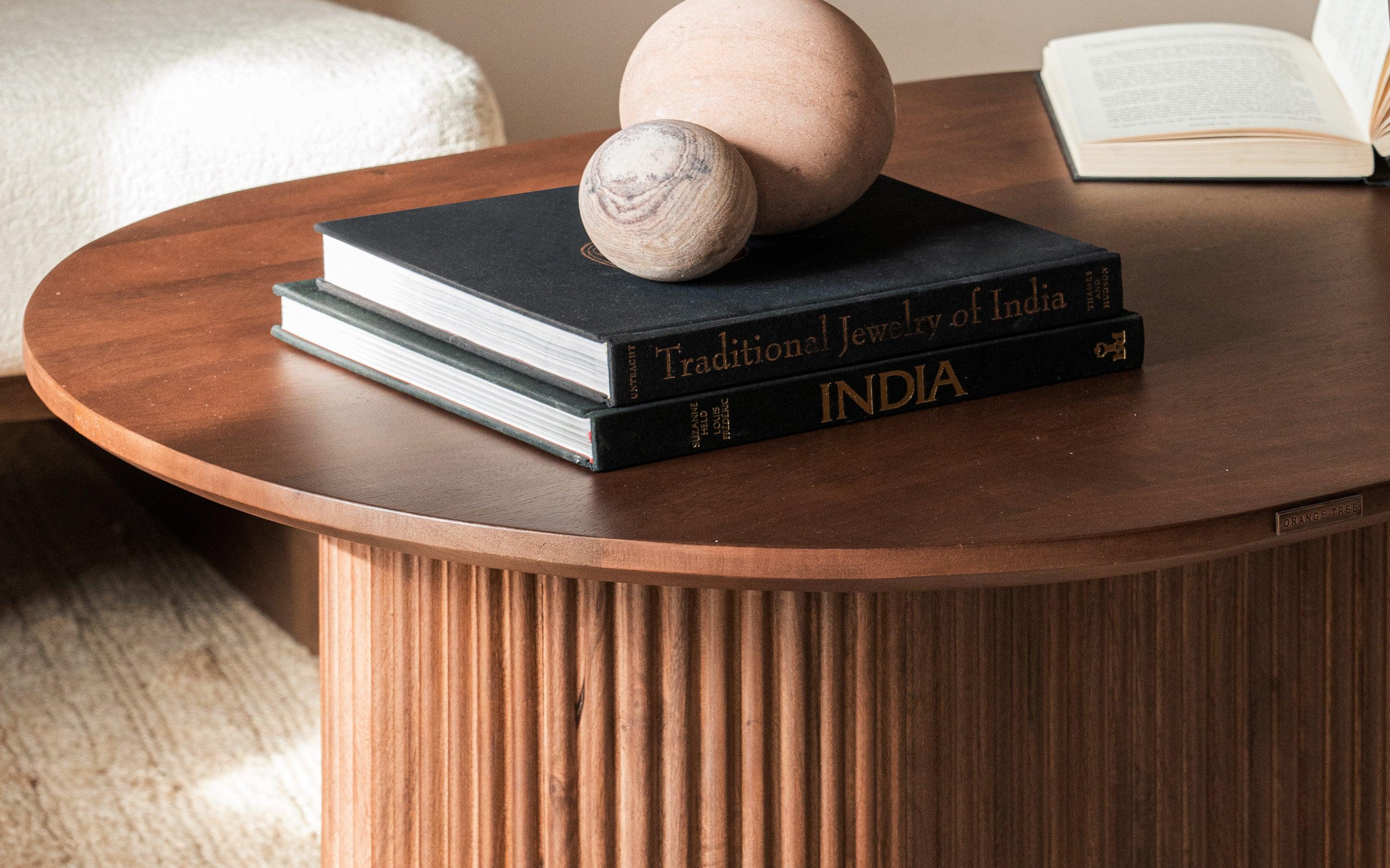 Linn Coffee Table with ribbed design, crafted from Mango Wood with a light walnut finish. A modern and stylish coffee table for living rooms.