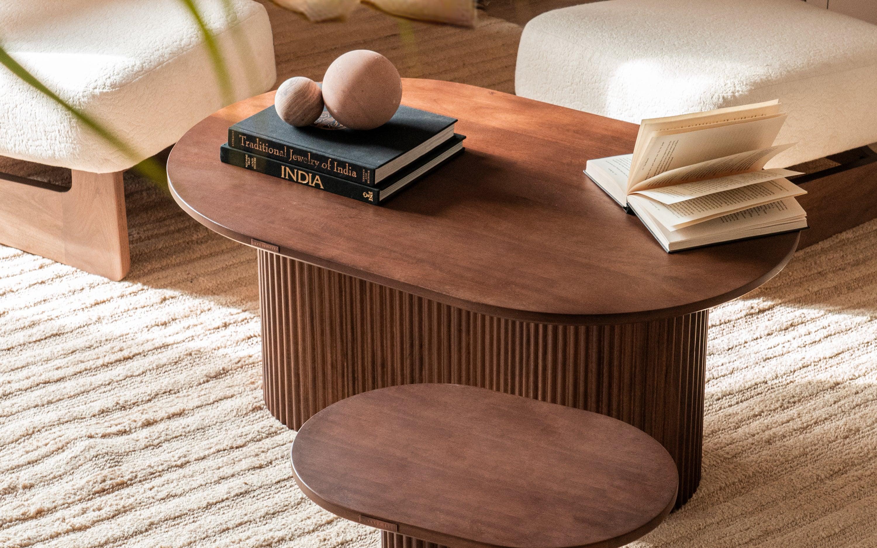 Linn Coffee Table with ribbed design, crafted from Mango Wood with a light walnut finish. A modern and stylish coffee table for living rooms.