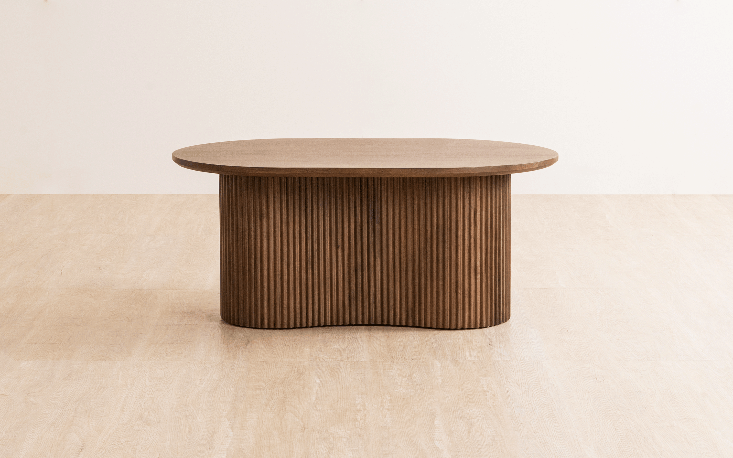 Linn Coffee Table with ribbed design, crafted from Mango Wood with a light walnut finish. A modern and stylish coffee table for living rooms.