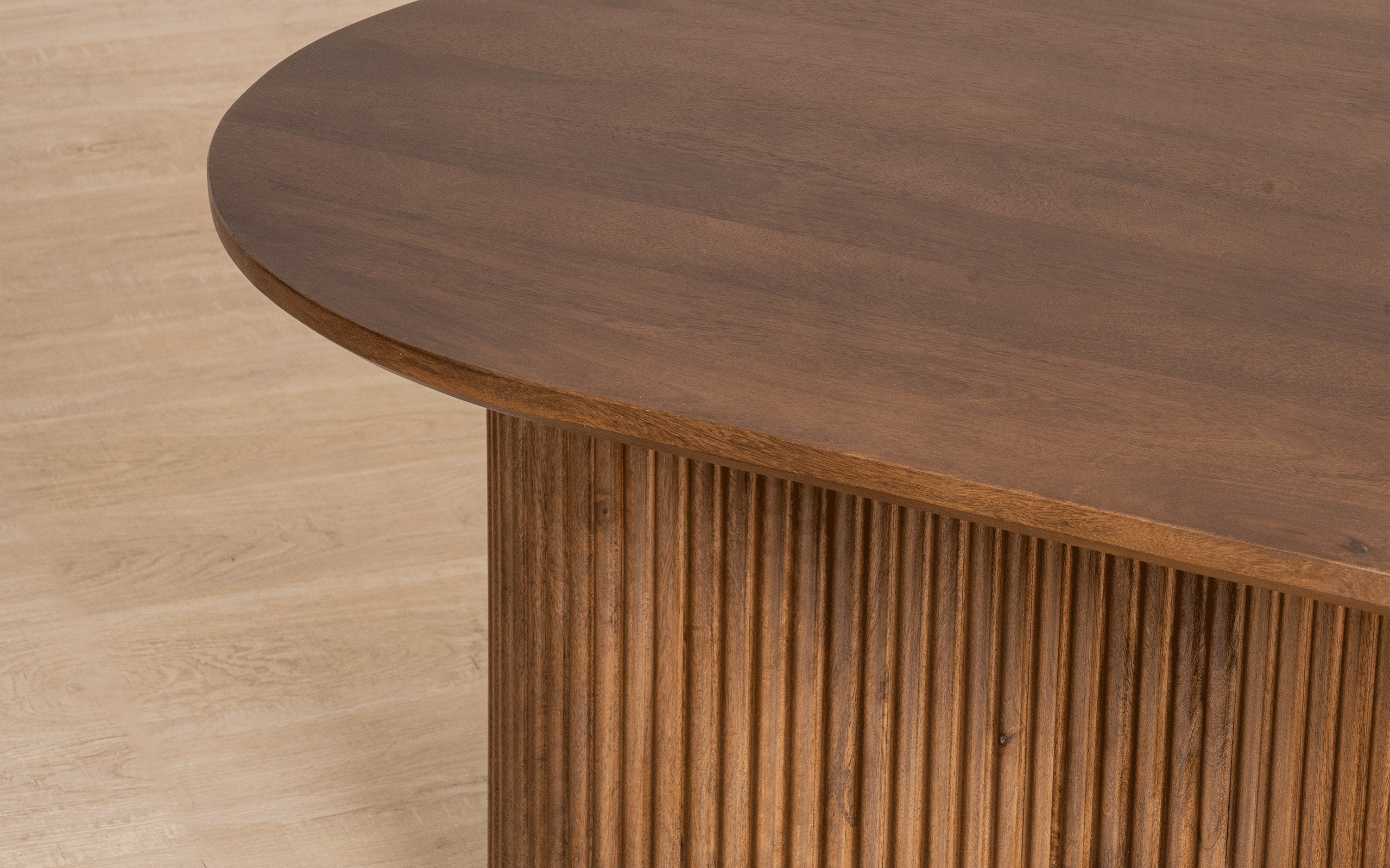 Linn Coffee Table with ribbed design, crafted from Mango Wood with a light walnut finish. A modern and stylish coffee table for living rooms.