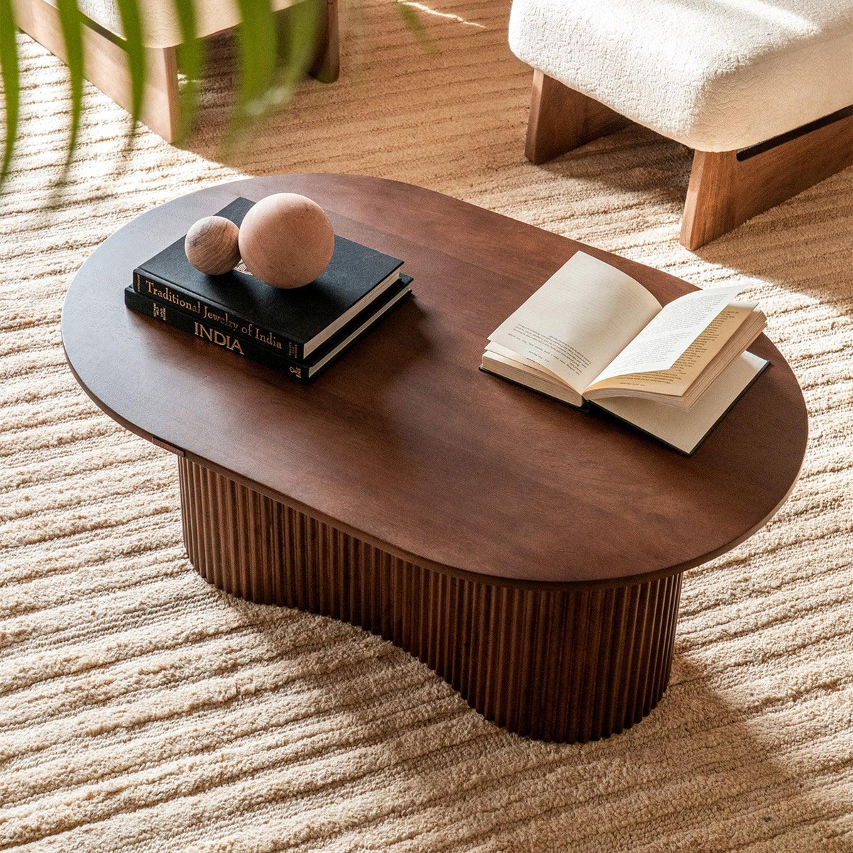 Linn Coffee Table with ribbed design, crafted from Mango Wood with a light walnut finish. A modern and stylish coffee table for living rooms.