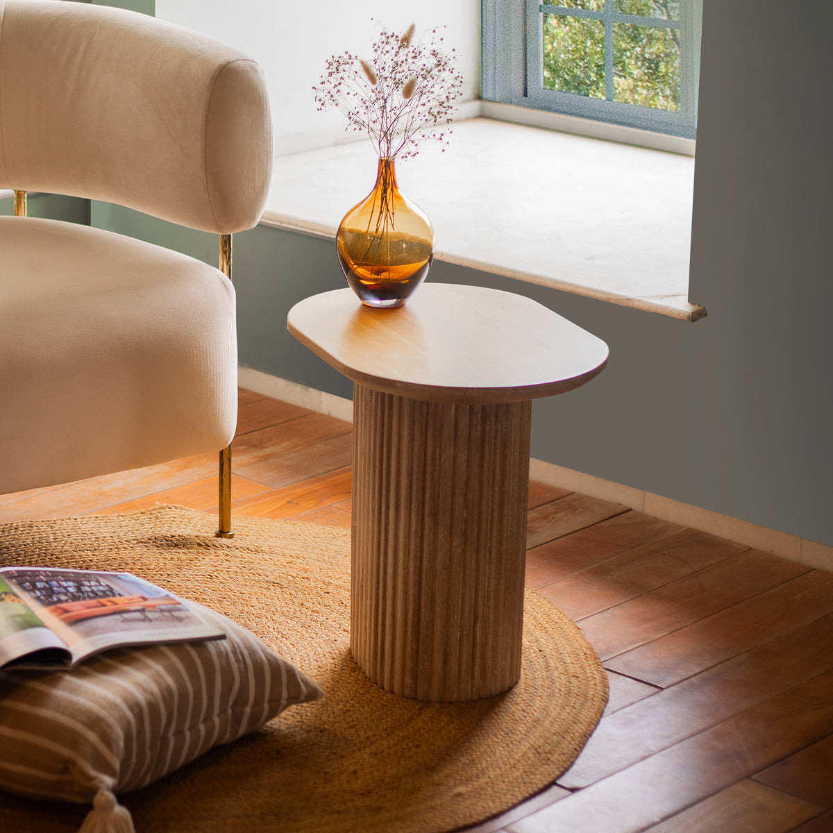 Linn Pearl Side Table, white-washed mango wood, ideal for modern TV unit designs in the living room or bedroom.