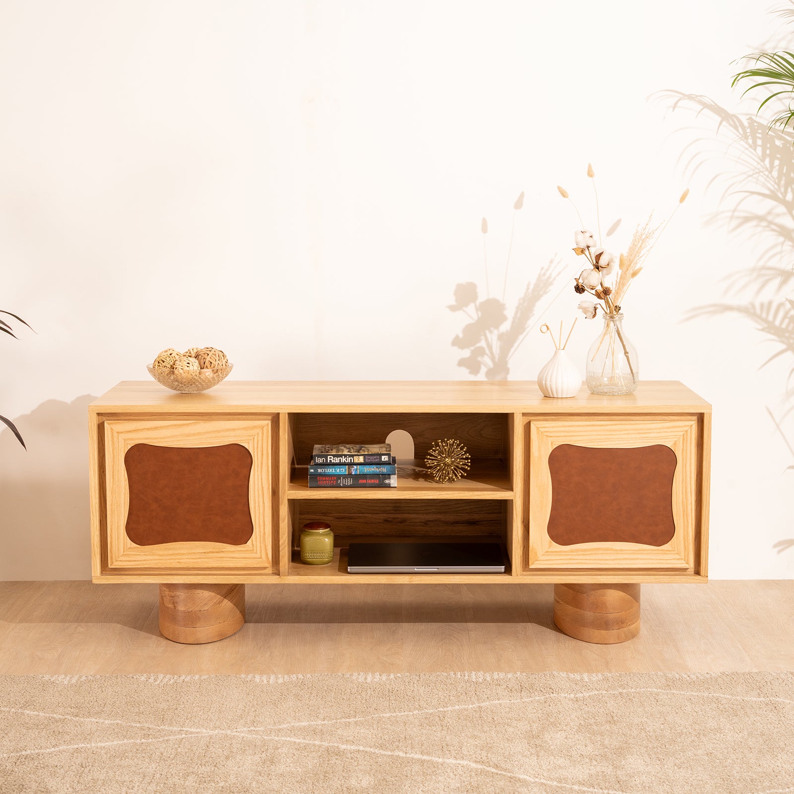 Luna Storage TV Unit, a modern tv cabinet with oak wood and leatherette accents, is perfect for the main hall modern tv unit design and living room tv unit with storage.