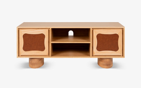 Luna Storage TV Unit, a modern tv cabinet with oak wood and leatherette accents, is perfect for the main hall modern tv unit design and living room tv unit with storage.