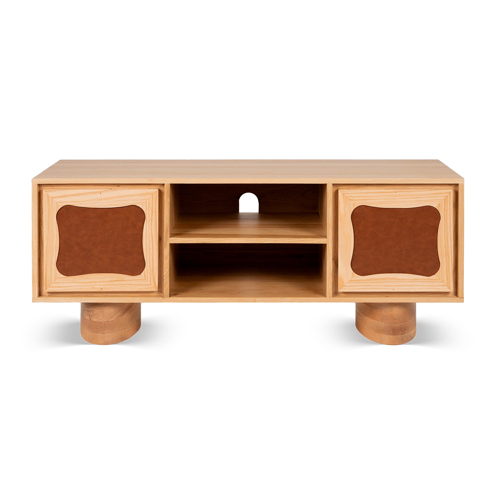 Luna Storage TV Unit, a modern tv cabinet with oak wood and leatherette accents, is perfect for the main hall modern tv unit design and living room tv unit with storage.