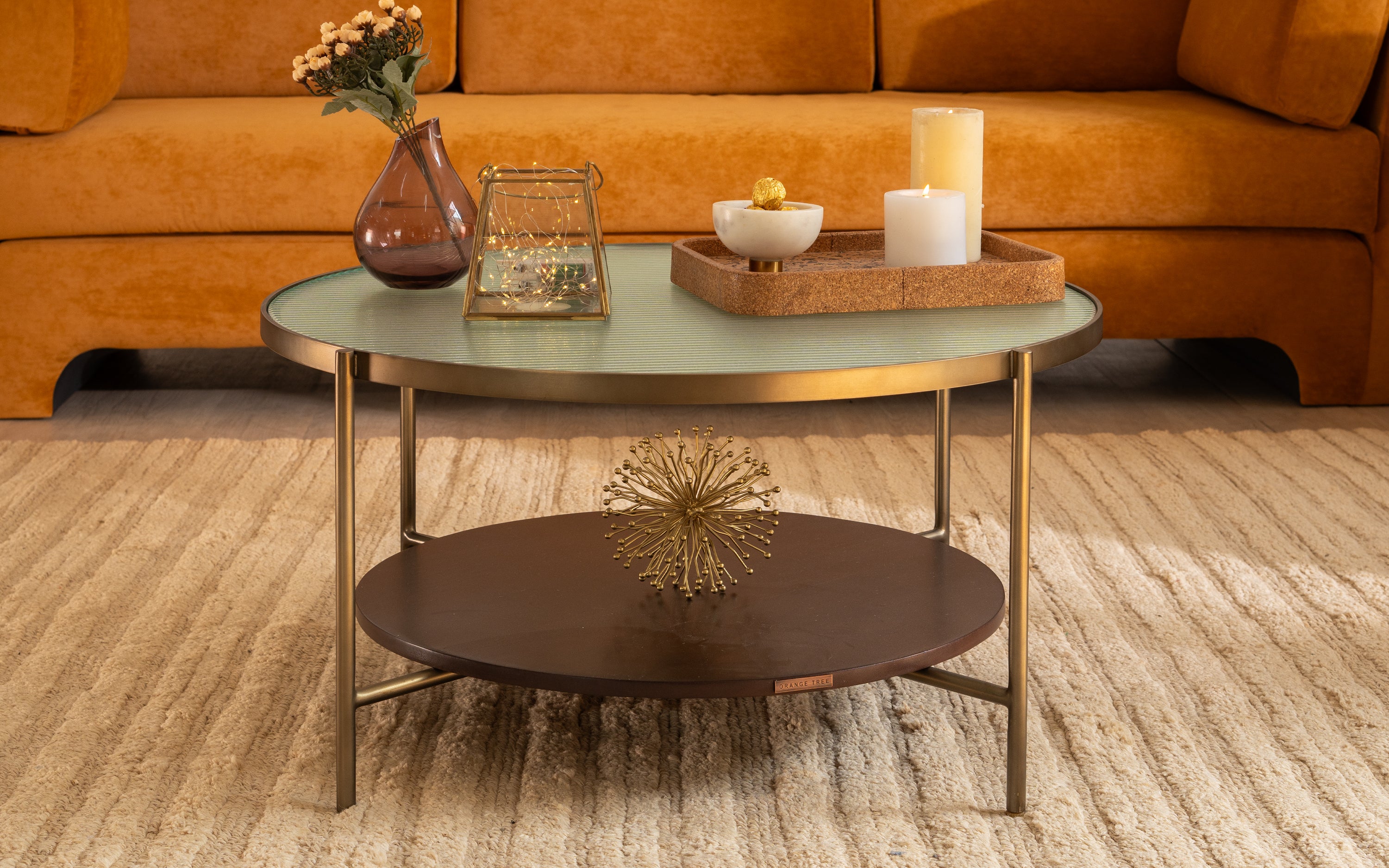 Mira Gold Glass Top Coffee Table Wooden Storage - Orange Tree