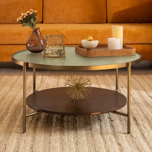 Mira Coffee Table with glass top, walnut-finished wood, and brass legs, ideal as a modern center table or tea table for living room decor.