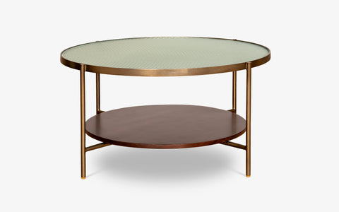 Mira Coffee Table with glass top, walnut-finished wood, and brass legs, ideal as a modern center table or tea table for living room decor.