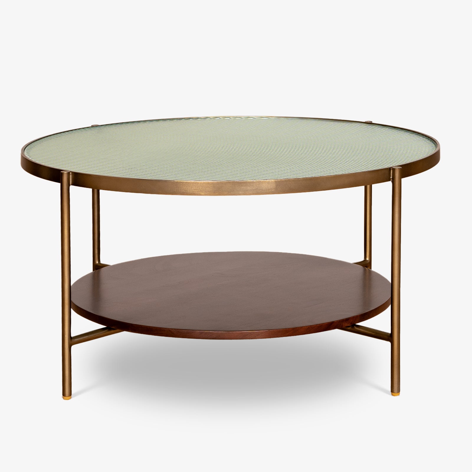 Mira Coffee Table with glass top, walnut-finished wood, and brass legs, ideal as a modern center table or tea table for living room decor.